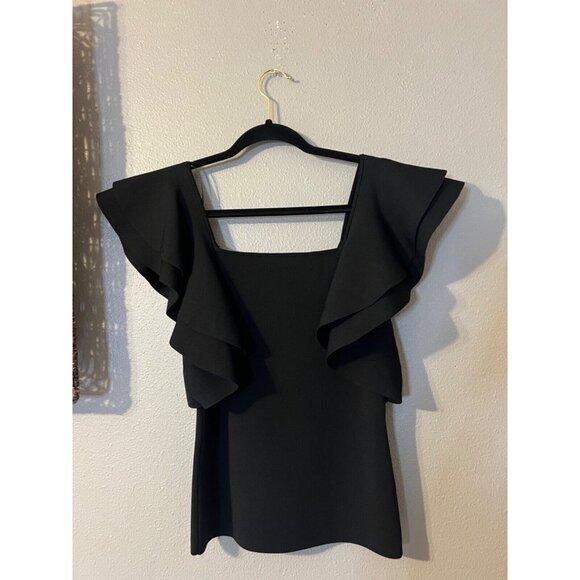 INC Top S Small Black Short Flutter Ruffle Sleeves Stretch Square Neck NWT - Picture 10 of 10